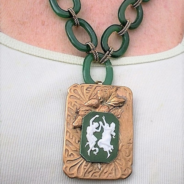 SALE 1920s Green Dancing Women Cameo Celluloid Necklace 1920 3" Brass Strawberry Sash Pin on Dark Green Celluloid, Twisted Brass Necklace.