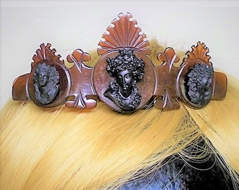 Sale 1880 Victorian 3 Black Cameos Hair Comb HINGED TIARA COMB Hand Carved Dyed Steer Horn w/ 3 1910 Face Forward Cameos 150+ Years ooak