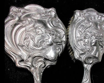 1930 Lady w/ Flower Hand Brush & Mirror SET Art Nouveau Gorgeous. Worn Off Silver Plate Refurbished, Antique Mirror Resilvered NICE OOAK