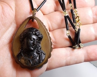 Large BLACK CAMEO Necklace Antique Victorian Vulcanite Demure Mourning Black Cameo Roses Curly Hair Face Forward 2 Tone 1940 Japanese Chain