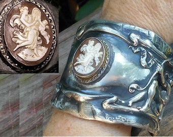 SALE Antique Cameo Cherub CUFF Wide Silver Plate Cuff, Cameo of Muse Cherub Both Playing Zither, Cherubs Playing Horns, Shooting Love Arrows