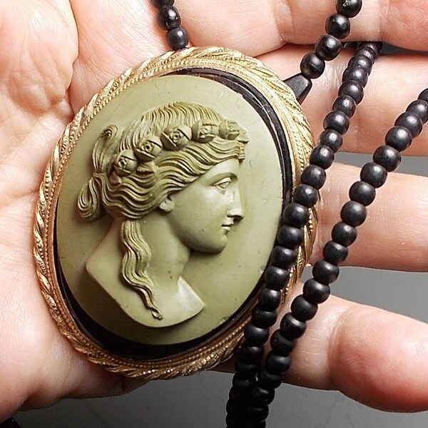 Large Lava Cameo Necklace/ Brooch 1800s Hand Carved High Relief Beauty Roses. Restrung 1900 22" Coal Necklace. Gold Tone 2 1/4" Setting OOAK