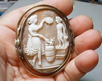 SALE 1880 Gorgeous CAMEO of Mother Giving Her Child a Bath Huge Antique Hand Carved Shell Cameo Family Scene Washstand, Barrel Lots details!