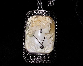 SALE 2"+ Cameo Habille Wearing 2 Diamonds Necklace, Earrings Vintage Filigree Setting Cut Steel Like Large Hand Carved Shell Cameo Necklace