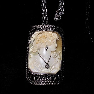 SALE 2"+ Cameo Habille Wearing 2 Diamonds Necklace, Earrings Vintage Filigree Setting Cut Steel Like Large Hand Carved Shell Cameo Necklace