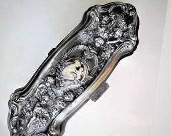 SALE 6 Cherub Vainty Casket Jewelry Box VICTORIAN Repousse 1907, Makeup Perfume, Combs Silver Plate Winged Cherubs, Heart Cherub Shell Cameo