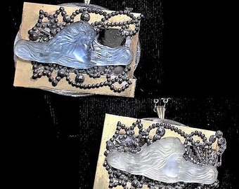 SALE 1 1920 Goddess Pale Blue OR White Frosted Wind Blown Hair ETHEREAL Art Nouveau on Antique Deco Cut Steel Brass Mirrored Buckle Necklace