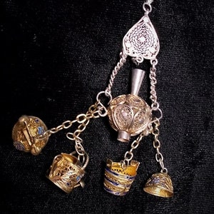 SALE DOLL Chatelaine for the Busy Wine Maker.  Silver Vinaigrette Urn w/ Heart Dangles of 1940 Unmarked Sterling Portugal Enamel Filigr