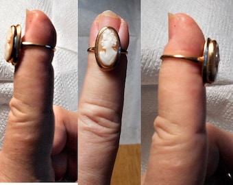 SALE 10K GOLD CAMEO Ring Marked 10K Shell Cameo Ring,    Hand Carved Shell Cameo Vintage Ring,  Size 5  Only 244.90