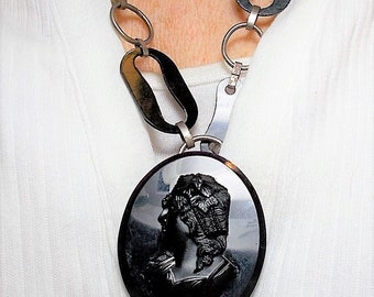 SALE Black Bacchante Cameo 1900s Large 2" Celluloid Cameo Leaves Grapes C Clasp Tin Back. Celluloid Chain Link Necklace w/ Converter Avail