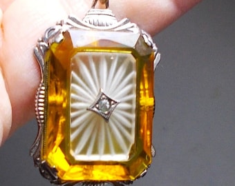 1920s Topaz Citrine Camphor Glass in Art Deco Sterling Marked on Paper Clip Sterling Marked Necklace w/ Ornate Bail, Accents, & Clasp Chain