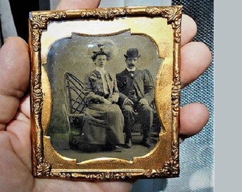 Double Glass Gold Color Pinchbeck Framed. Half Case 163 yr Old Darling Fashion Pose VICTORIAN AMBROTYPE Lady Full Big Dress Artist Tinted