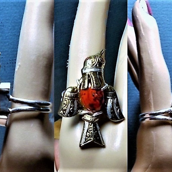 SALE 1 Vintage Damascene Bird 925 Prong Ring w/ Red Jelly Belly Size 7 1/4 Ring Spain Black Enamel Etched Handmade Bird 59.90 One of a Kind!