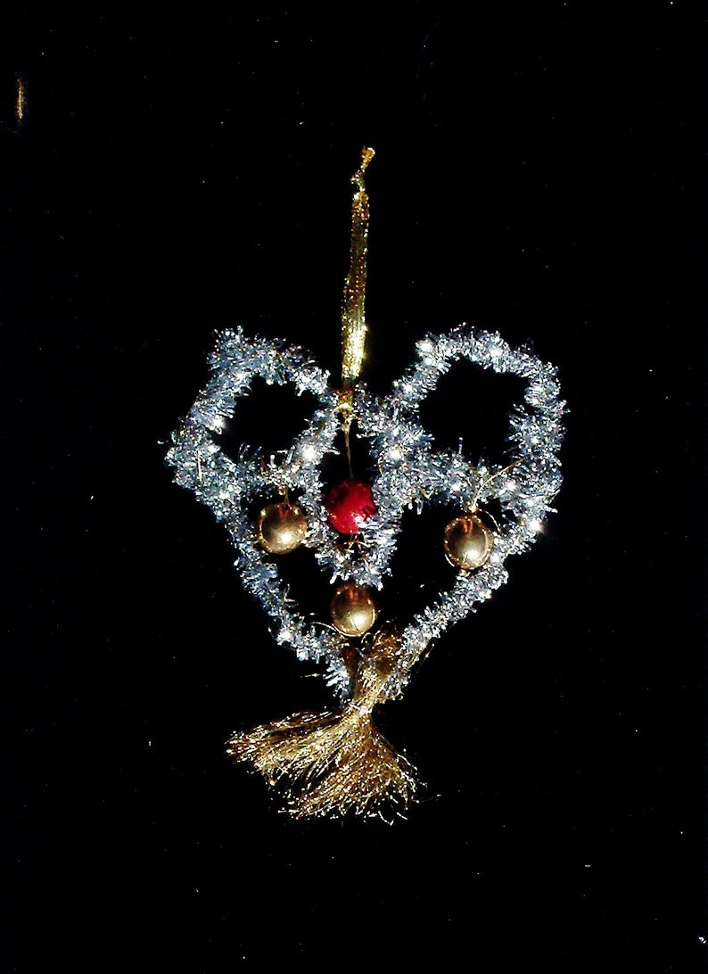 Handmade Victorian Style Christmas Tree Ornaments Vintage Brass Gold, Red Beads Wire Heart Silver Tinsel . image 1