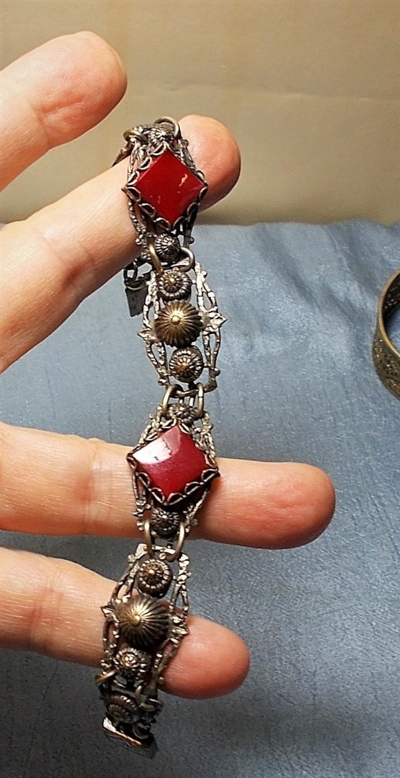 1930s Vintage Carnelian Stone Link Bracelet Set on Point Open Work w Brass Groved Domes Silver Plated Ornate Filigree Linked Only 89.90