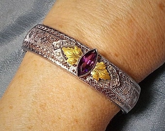 SALE 1920 PSCO Amethyst Bracelet Rhodium PLATED w/ Black Hills Gold Figural Leaves Edwardian Filigree w/ Rhinestones Deco Hinged Bangle Cuff