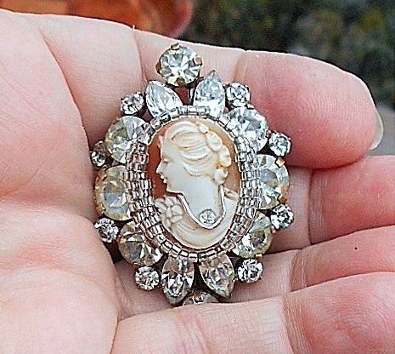 SALE Habille Cameo Vintage Hand Carved Shell Art Deco Brooch Pendant of Sparkling Large Rhinestones Brooch 89.00 Pendant Converter Avail.