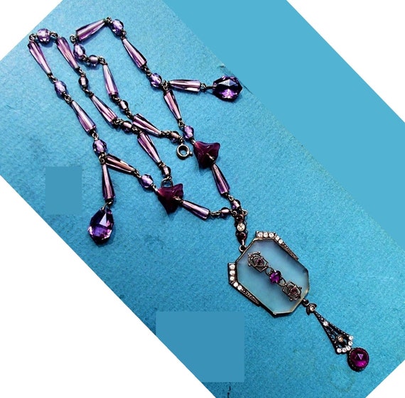1910s Large Camphor Glass Lavalier w/ Amethyst Fa… - image 4