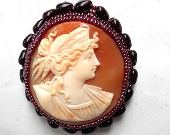 SALE Museum Quality Cameo of Hera, Goddess of Love & Marriage, Hand Carved Shell Cameo Brooch/Pendant w/ Garnet Hearts and Seed  Only 279.00