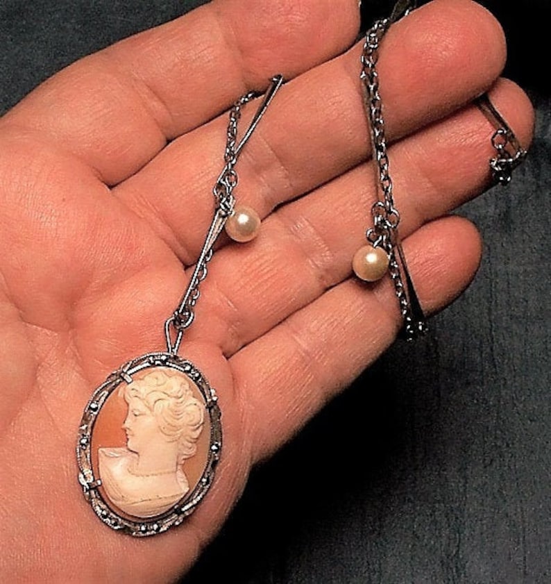 Marcasite Shell Cameo Necklace Rare OOAK Large 1940s Vintage Sterling Cameo Marcasite Bezel on Marked 800 Back Cameo 19 Necklace