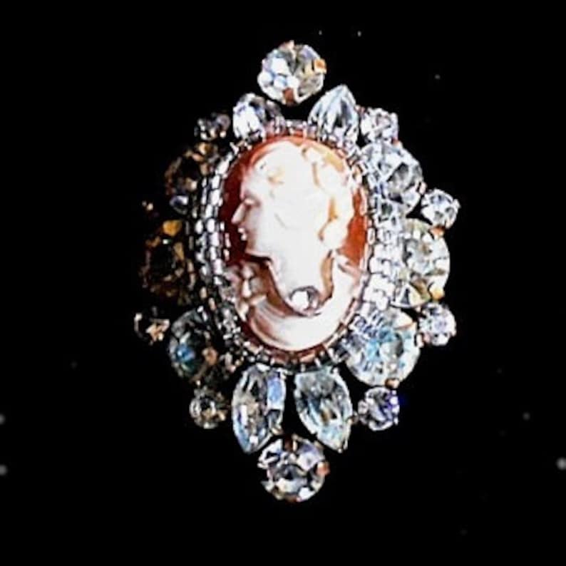 SALE Habille Cameo Vintage Hand Carved Shell Art Deco Brooch Pendant of Sparkling Large Rhinestones Brooch 89.00 Pendant Converter Avail.