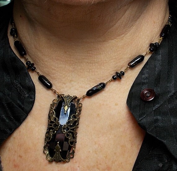 Elegant brown lava and coral necklace with magnetic clasp gemstone jewelry Gemstone necklace long necklace