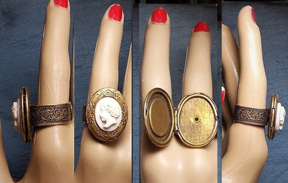 SALE Brass Etrustian Locket RING, W/ Grecian Shell Cameo on Jan Mitchels Etched Ring Adjusts 6.5-9.5 Only 129.90 Opens for 7/8" Picture OOAK