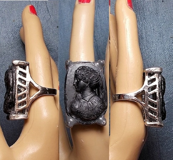 1910 HUGE Glass Black Cameo Ring Victorian Dress w/ Ribbon Hair on Lattice Work Silver Plated Thick Ring, OOAK French Pate De Verre