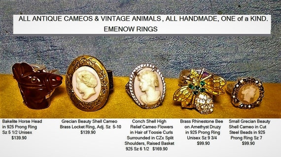 SALE Brass Etrustian Locket RING, W/ Grecian Shell Cameo on Jan Mitchels Etched Ring Adjusts 6.5-9.5 Only 129.90 Opens for 7/8" Picture OOAK View 3
