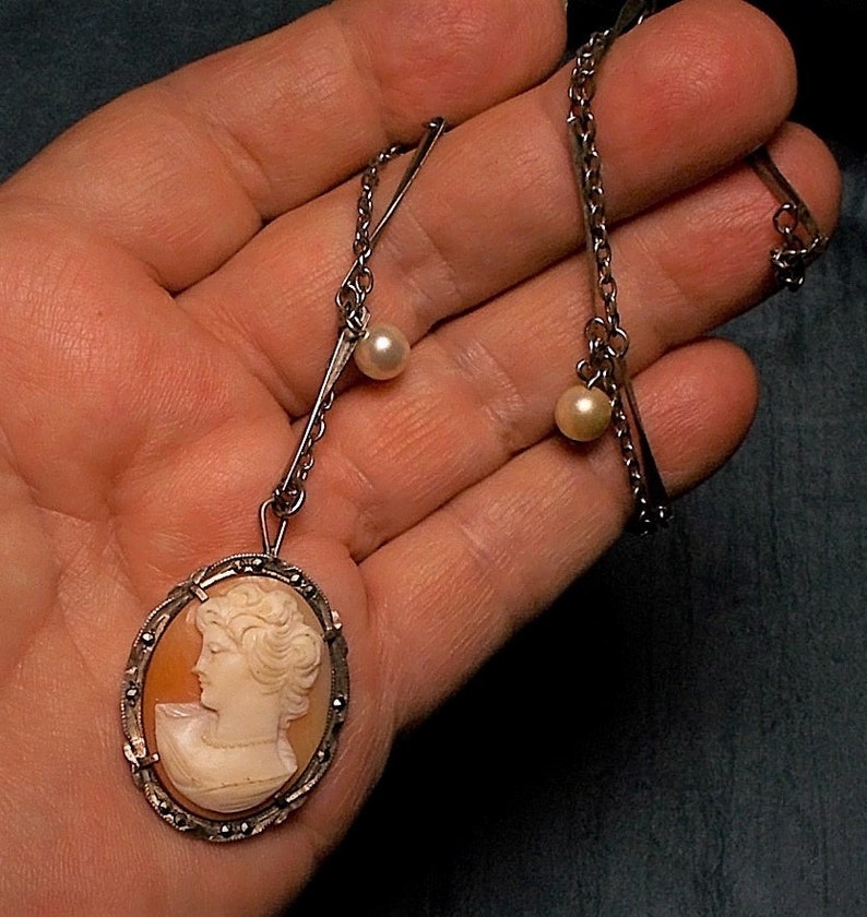 Marcasite Shell Cameo Necklace Rare OOAK Large 1940s Vintage Sterling Cameo Marcasite Bezel on Marked 800 Back Cameo 19 Necklace