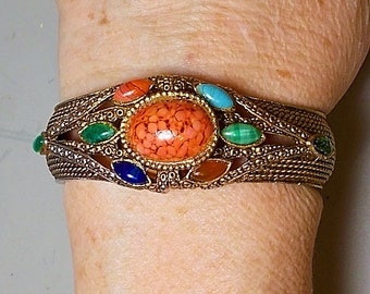 VENTA Colorido abrazadera falsa gema brazalete, tono dorado cuerda trenzada 9 "gema" abrazadera brazalete, pulsera de puño con joyas vintage muy 3-D hermosa figura