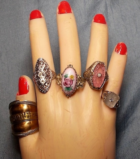Antique Pink Camphor Glass Ring, Edwardian Etched… - image 2