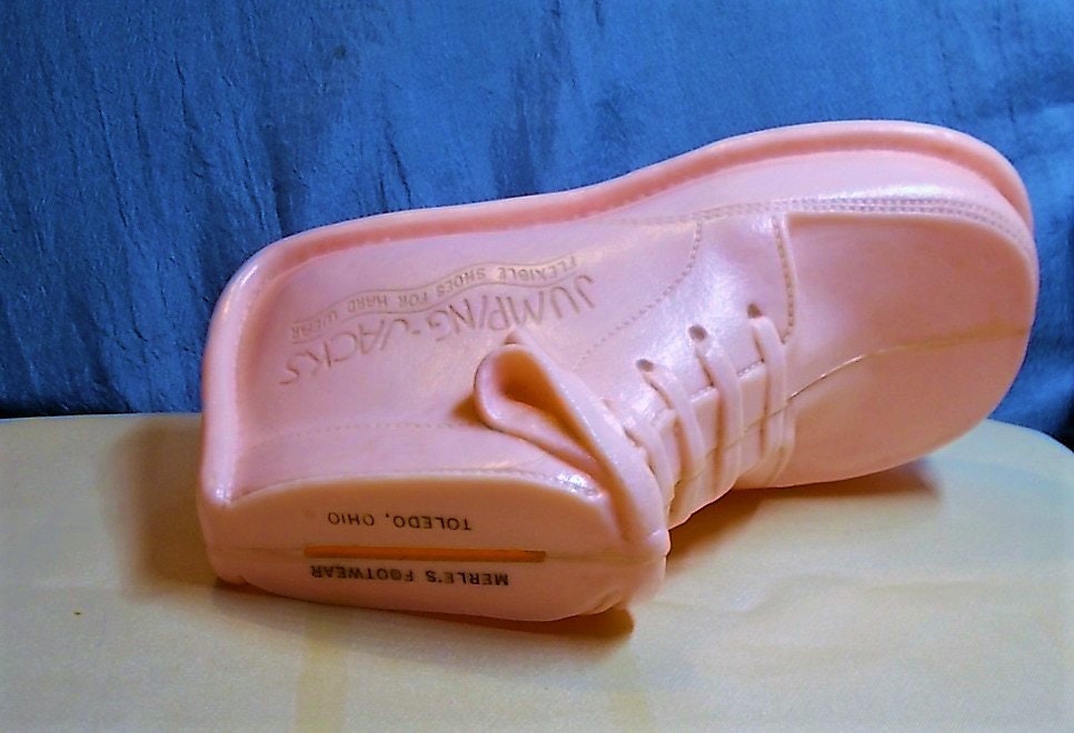 Vintage Pink Advertising Jumping Jacks Shoes Bank Plastic MERLE S