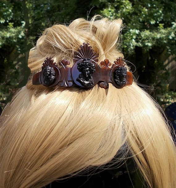 Sale 1880 Victorian 3 Black Cameos Hair Comb HING… - image 2