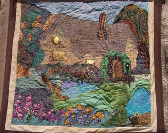 SALE Upcycled Quilted Country Stone Cabin Wall Hanging with Thatched Roof, Garden Paths & Flowers in Woodland. Handmade by me. OOAK