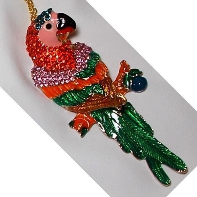 1980 Rhinestone Huge Red Parrot Loaded  Pink Red Blue Rhinestones 3 5/8" Shaded to Bronze Feathers, 2 Black Rhinestone Eyes Brooch Necklace