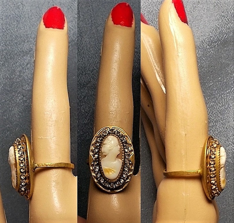 1 Brass Rhinestone CAMEO Ring Master Carved Large Victorian Colorful Shell Cameo 1940s Original Etched Size 7 One of a Kind Only 124.90