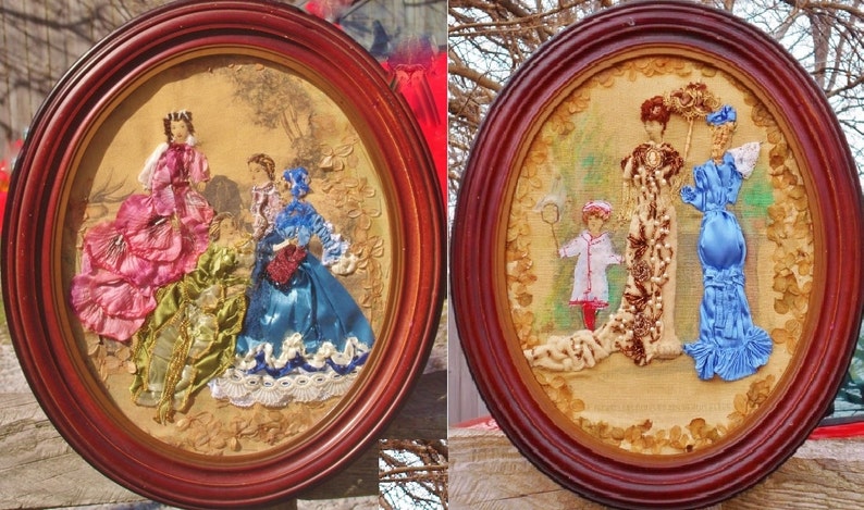 Ribbon & Stumpwork Embroidery of Victorian Ladies Fashion Copied on Fabric From La Mode IIlustree1880 in Antique Wood Oval Frame 14 X 12 image 5