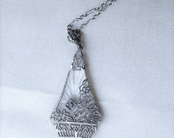 1910s Edwardian Camphor Glass DIAMOND Lavaliere Sterling Etched Filigree  Work Floral Pentagon Shape Unique on 19" Marked Sterling Necklace