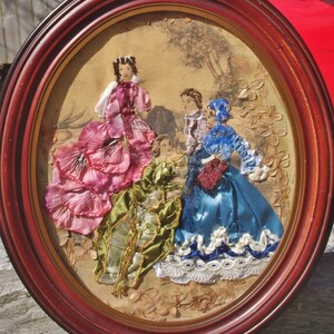 Ribbon & Stumpwork Embroidery of Victorian Ladies Fashion Copied on Fabric From La Mode IIlustree1880 in Antique Wood Oval Frame 14 X 12 image 3