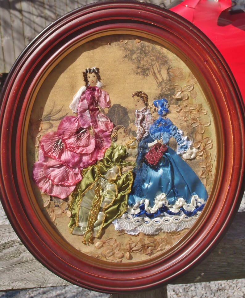 Ribbon & Stumpwork Embroidery of Victorian Ladies Fashion Copied on Fabric From La Mode IIlustree1880 in Antique Wood Oval Frame 14 X 12 image 3