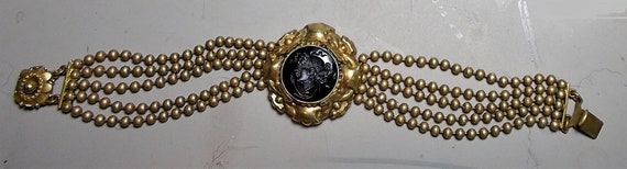 SALE Antique Black Glass CAMEO Brass Ball Chain B… - image 5