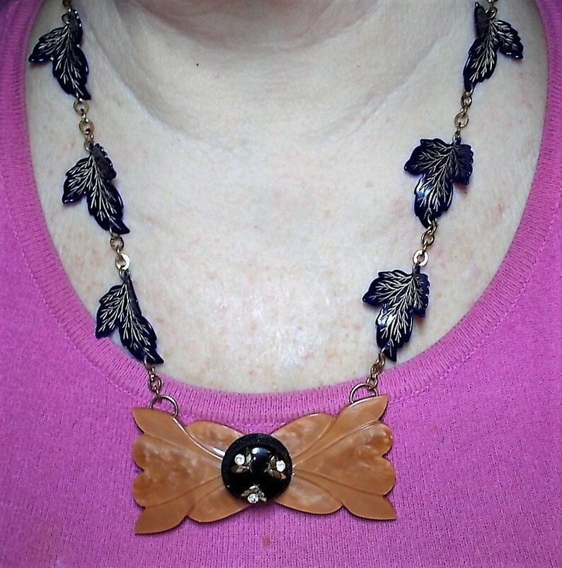 1930s Butterscotch Necklace Button BeltBuckle on Antique 1940s Blue Celluloid Gold Highlighted Deeply Carved Lifelike Leaves a Brass Chain