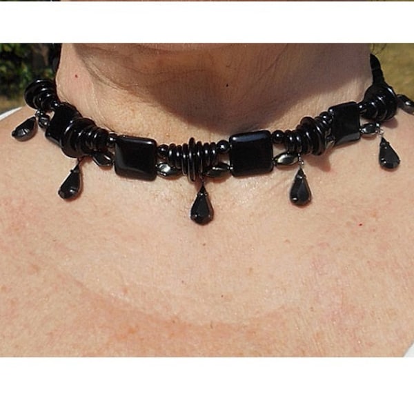 SALE Antique Fabulous Black Choker, Teardrops, GeoMetric Round Beaded Art Deco Flapper Adjustable 65 Yrs Old Goth, Mourning or Playful 89.90
