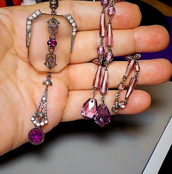 1910s Large Camphor Glass Lavalier w/ Amethyst Fa… - image 5