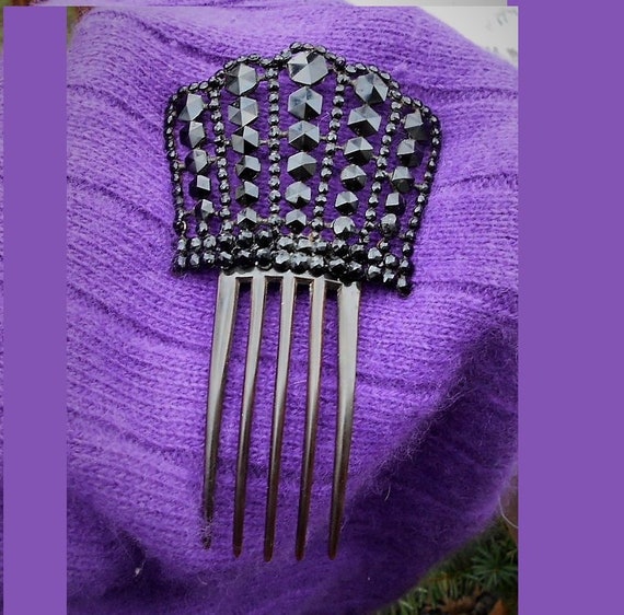 SALE Victorian Mourning Hair Comb, Antique Large Faceted  display picture 1
