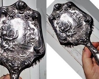 SALE 4 Cherub HAND Brush 1850  Rococo Repousse Silver Plate  Cherubs, Lovers, Dancers,w/ Basket of Wine Large Scrolls Around Nuptials Scene