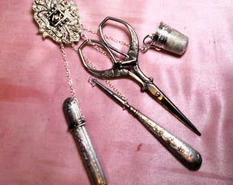 Sterling, Silver Plate 1920 Chatelaine Sewing Tools Cherub Brooch w/ 4 Gorgeous Small Double-Sided Scissors, Stiletto, Needle Case, Thimble