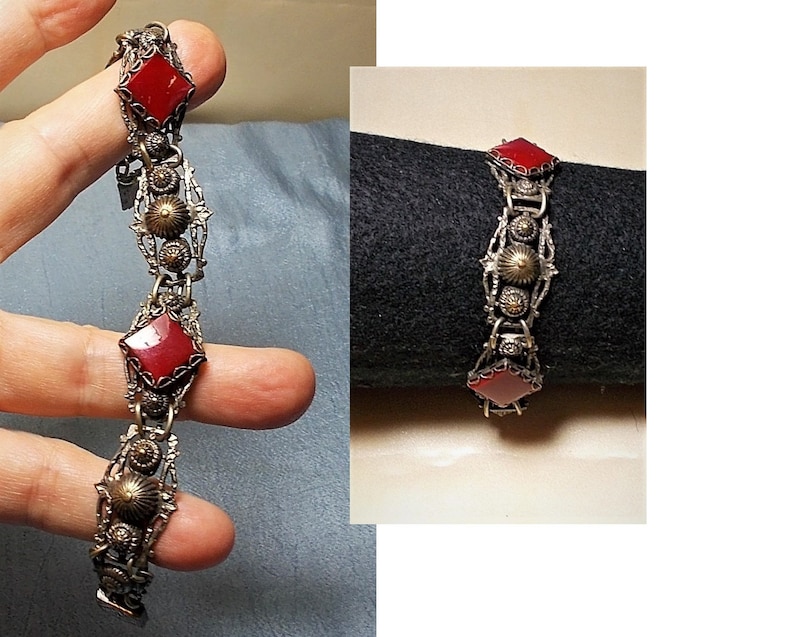 1930s Vintage Carnelian Stone Link Bracelet Set on Point Open Work w Brass Groved Domes Silver Plated Ornate Filigree Linked Only 89.90
