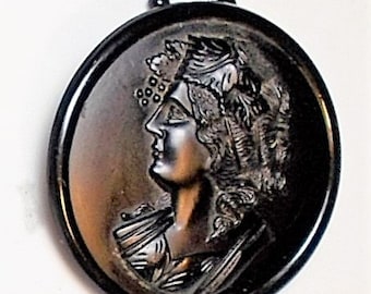 SALE Black Bacchante Cameo 1900s Large 1 3/4" Celluloid Cameo Leaves Grapes C Clasp Tin Back Over Extended Pin Ball Chain Necklace Converter